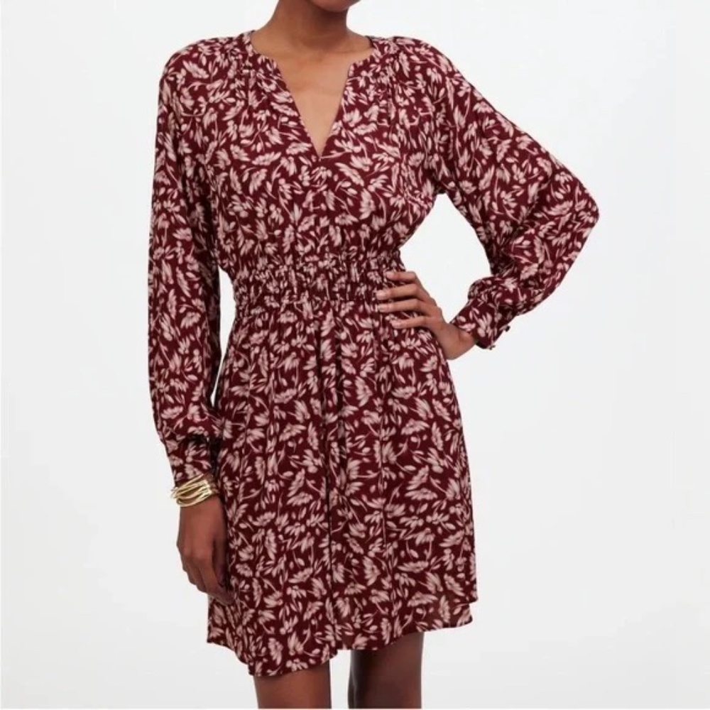 Madewell Smocked Y-Neck Mini Dress in Bordeaux Floral